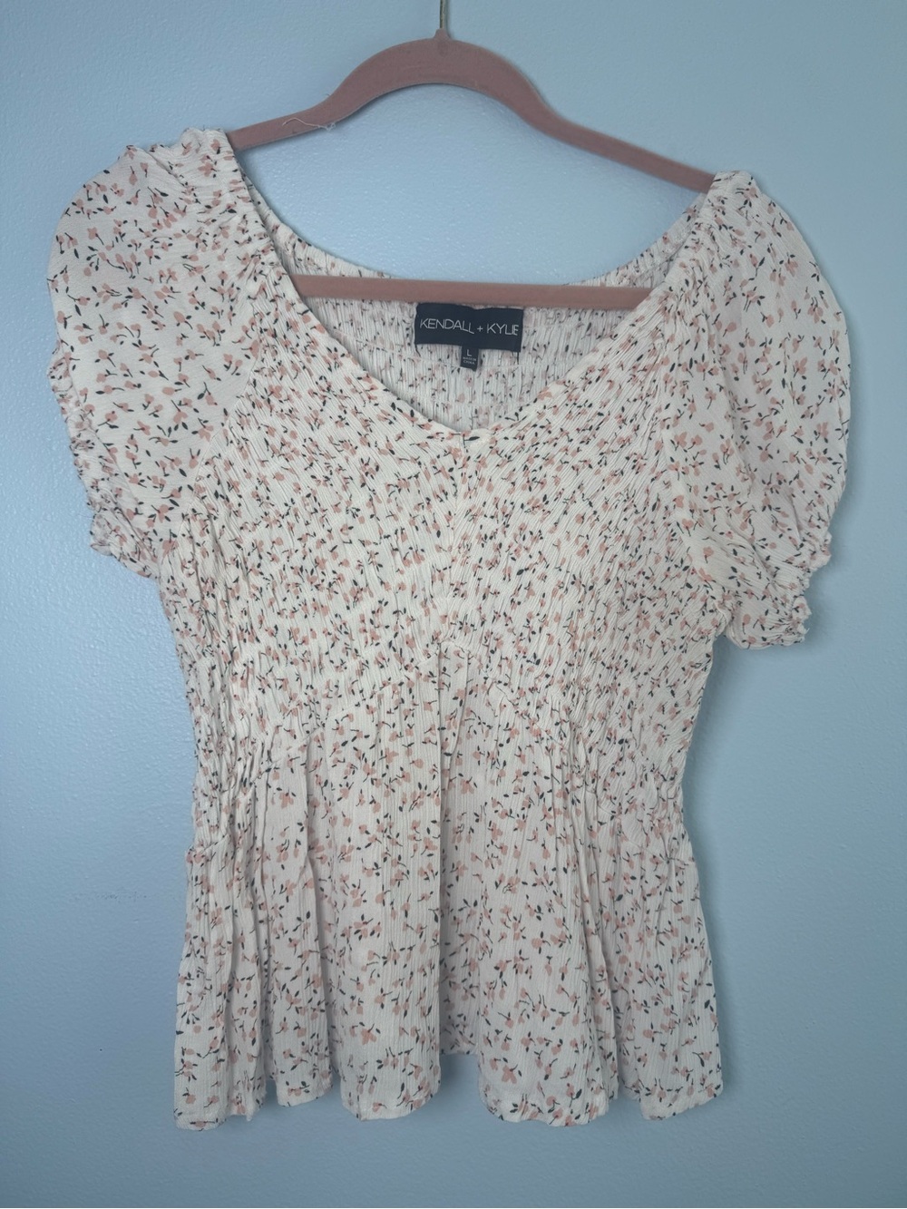 Kendall & Kylie Cream Floral Smocked Peplum Blouse